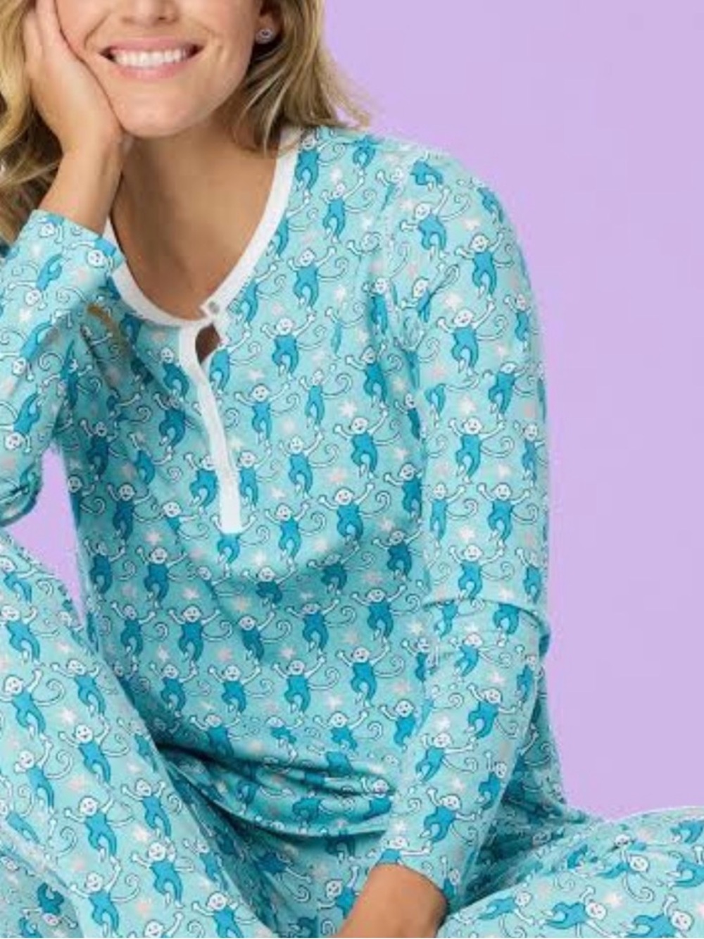 ROLLER RABBIT Turquoise Monkey Print Pajama TOP